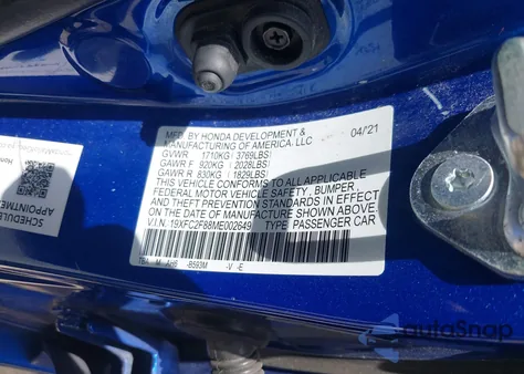 2021 Honda Civic Sport z USA, uszkodzony, nr VIN 19XFC2F88ME002649